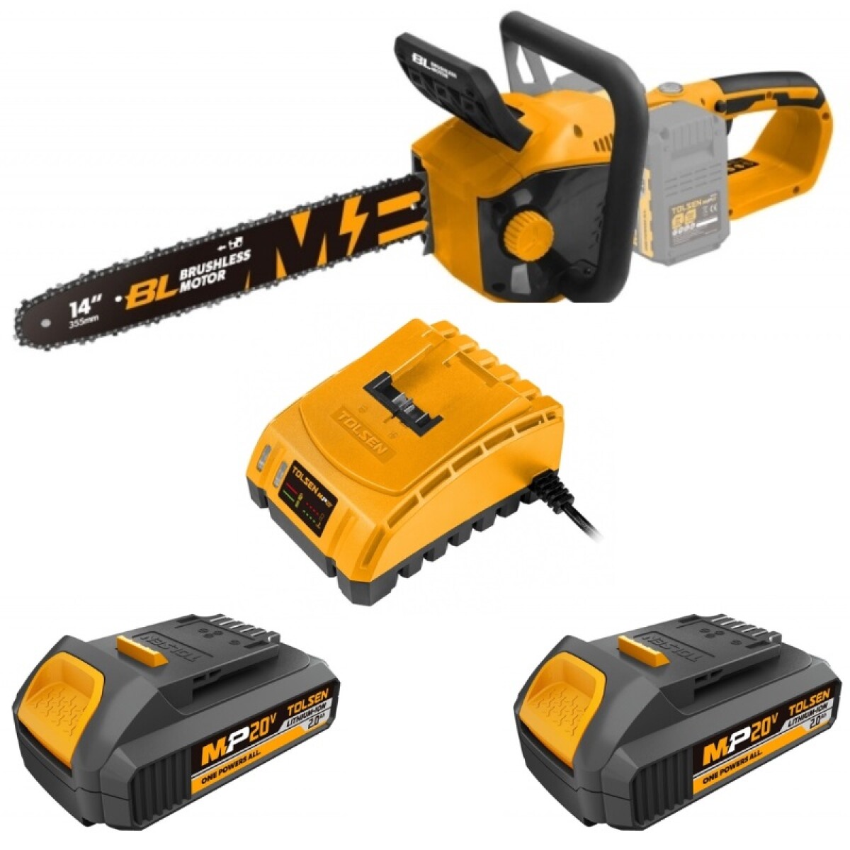 TOLSEN COMBO MOTOSIERRA LI-ION 20V 14 355MM + 2 BATERIAS 2.0 