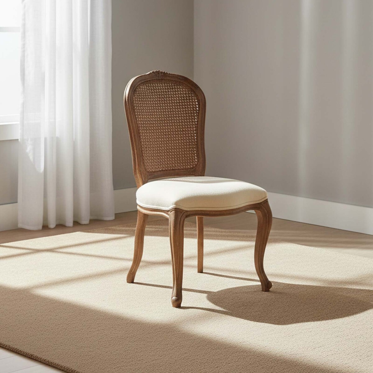 SILLA DE COMEDOR - MADERA NATURAL-BEIGE ESTILO LUIS XV 