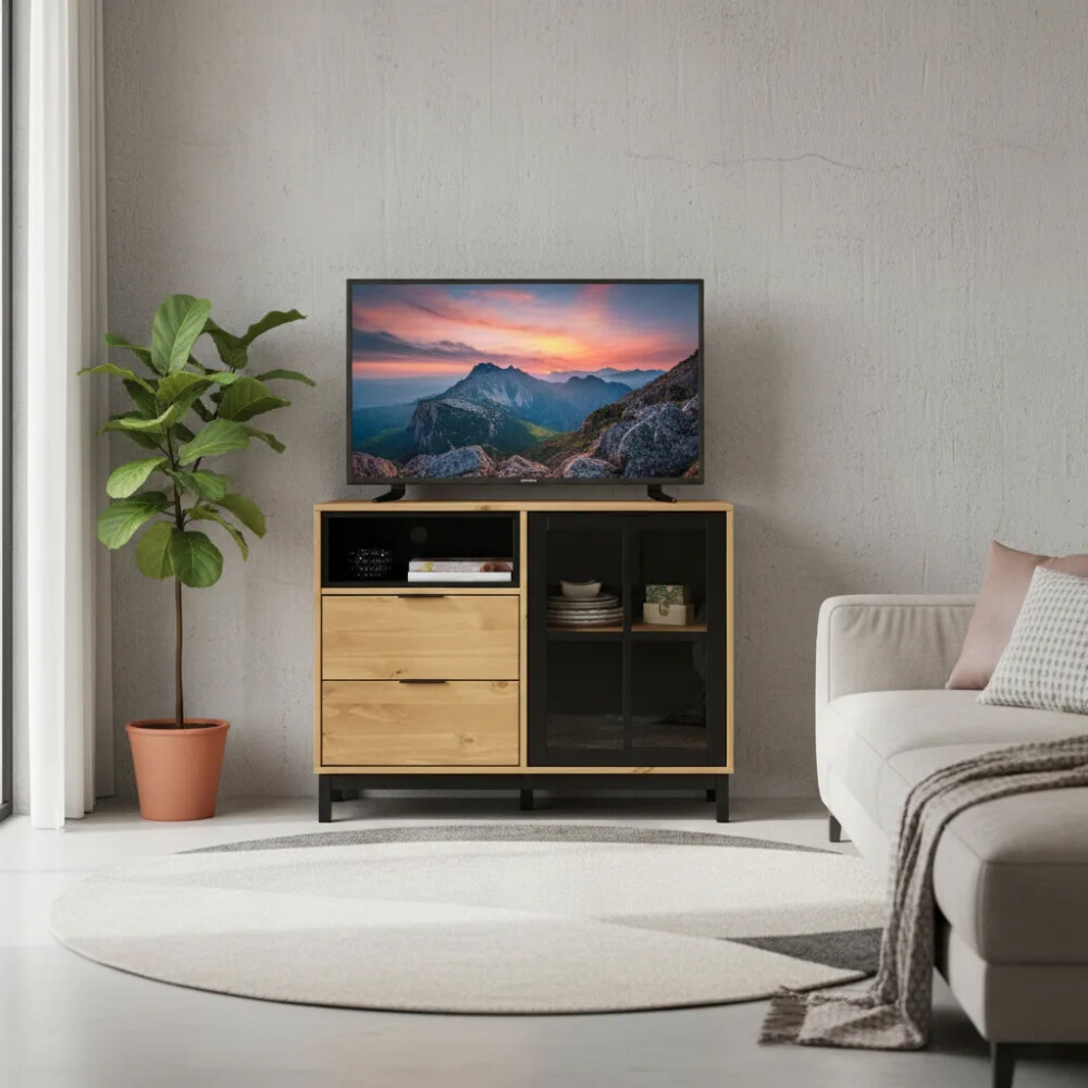 APARADOR BARGUEÑO EN MADERA MACIZA - 2 CAJONES - PUERTA EN VIDRIO APARADOR BARGUEÑO EN MADERA MACIZA - 2 CAJONES - PUERTA EN VIDRIO