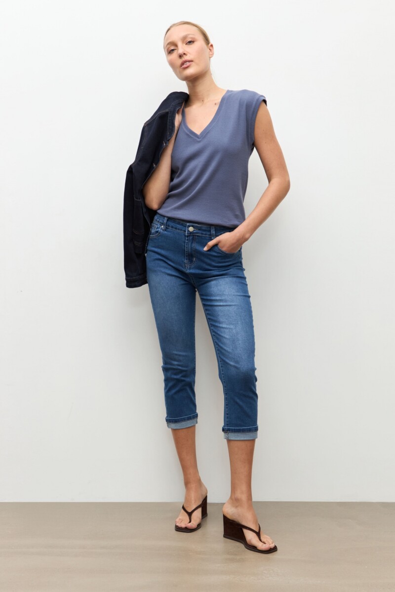 Top canalé escote V - azul piedra 