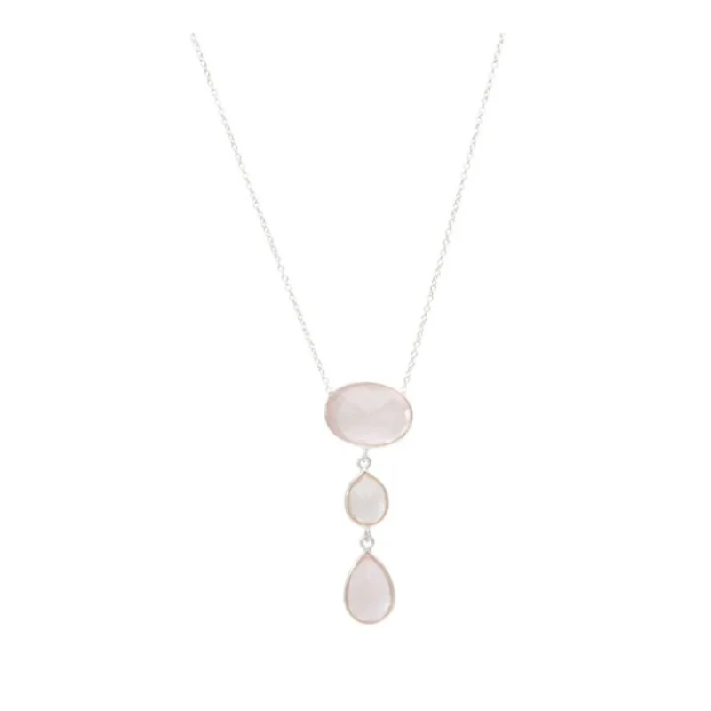 Cadena Triple-Plata rodinada 925-Piedra Cuarzo rosa-CD2001 conpiedra