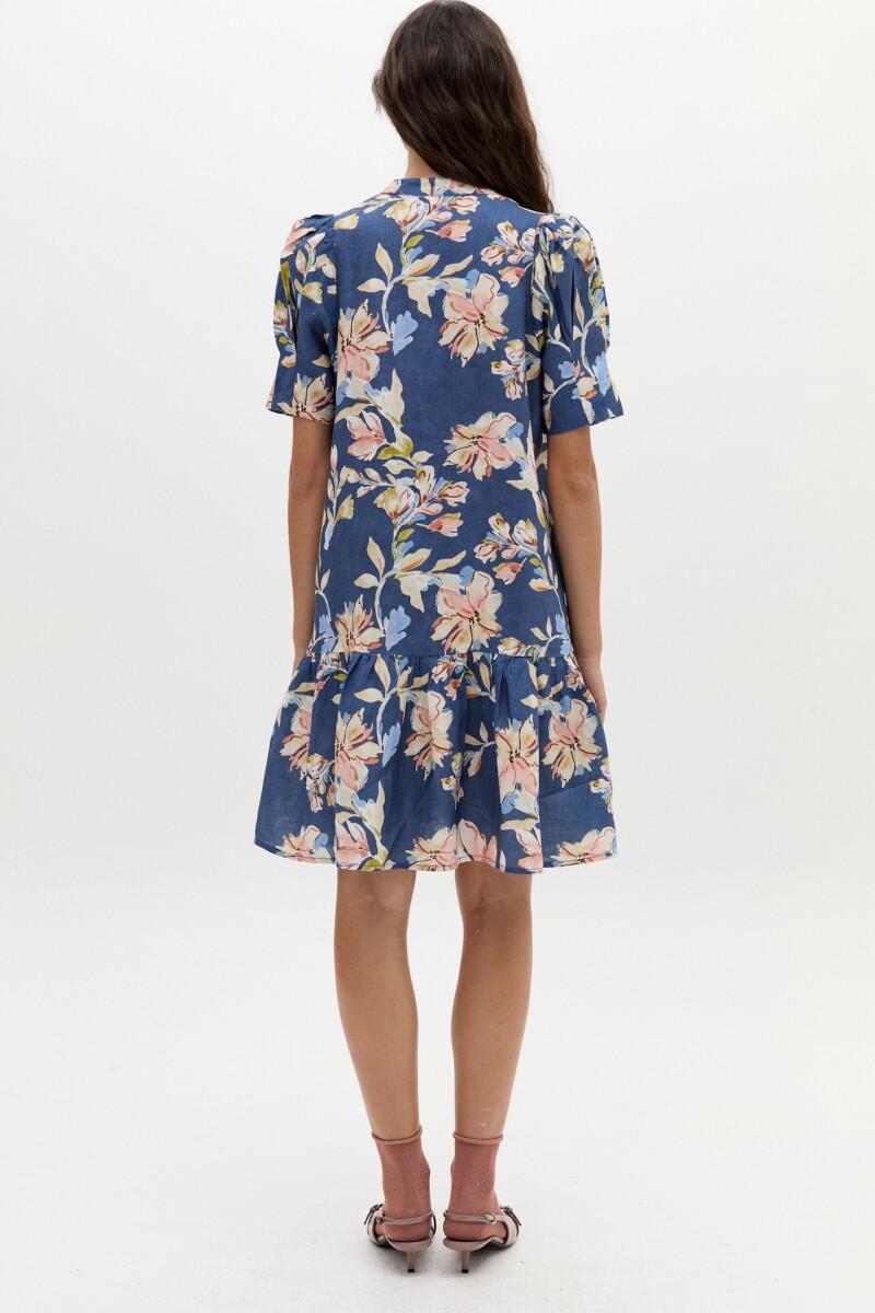 Vestido Corto Athina en Lino Blue Poppy Print