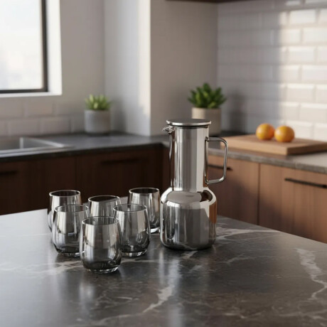 Set Jarra Vidrio + 6 Vasos Bebidas Frias Brunch Ahumado