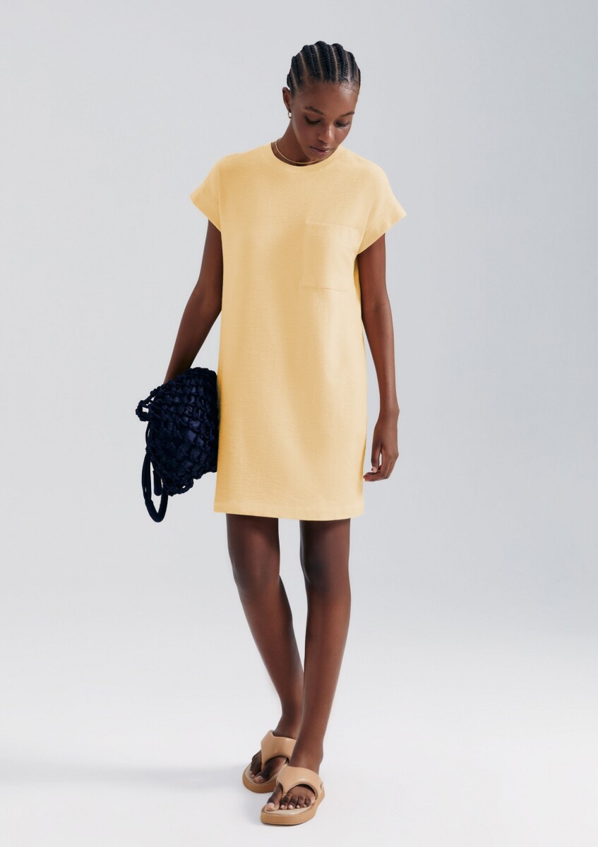 VESTIDO BÁSICO MANGA CORTA CON BOLSILLO - AMARILLO 