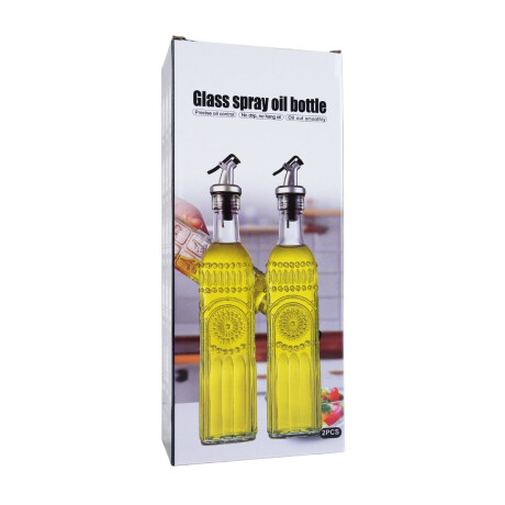 Set de aceitera y vinagrera de vidrio con base de metal Set de aceitera y vinagrera de vidrio con base de metal
