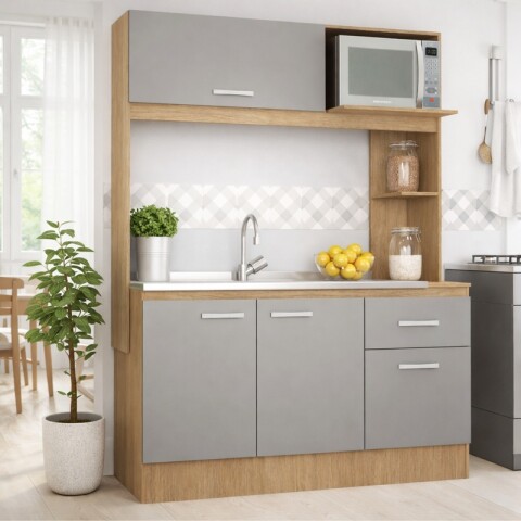 Kit de cocina compacta 4 puertas 1 cajón Patas Ajustables 141 x 50 x 185 cm - Carvale / Cinza Kit de cocina compacta 4 puertas 1 cajón Patas Ajustables 141 x 50 x 185 cm - Carvale / Cinza