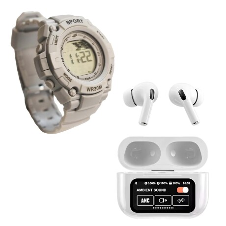 Kit Reloj Waterproof Unisex + Auriculares A9 PRO BT Táctil Gris