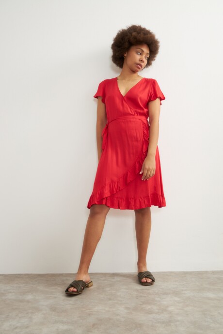 Vestido cruzado con volados rojo