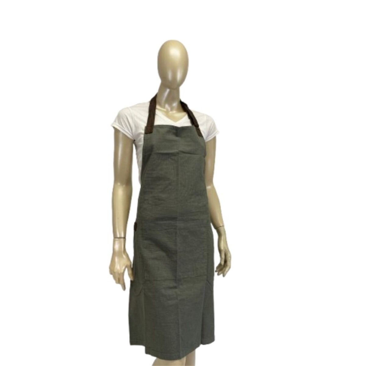 Delantal entero con bolsillo y apliques en cuero - Verde militar 