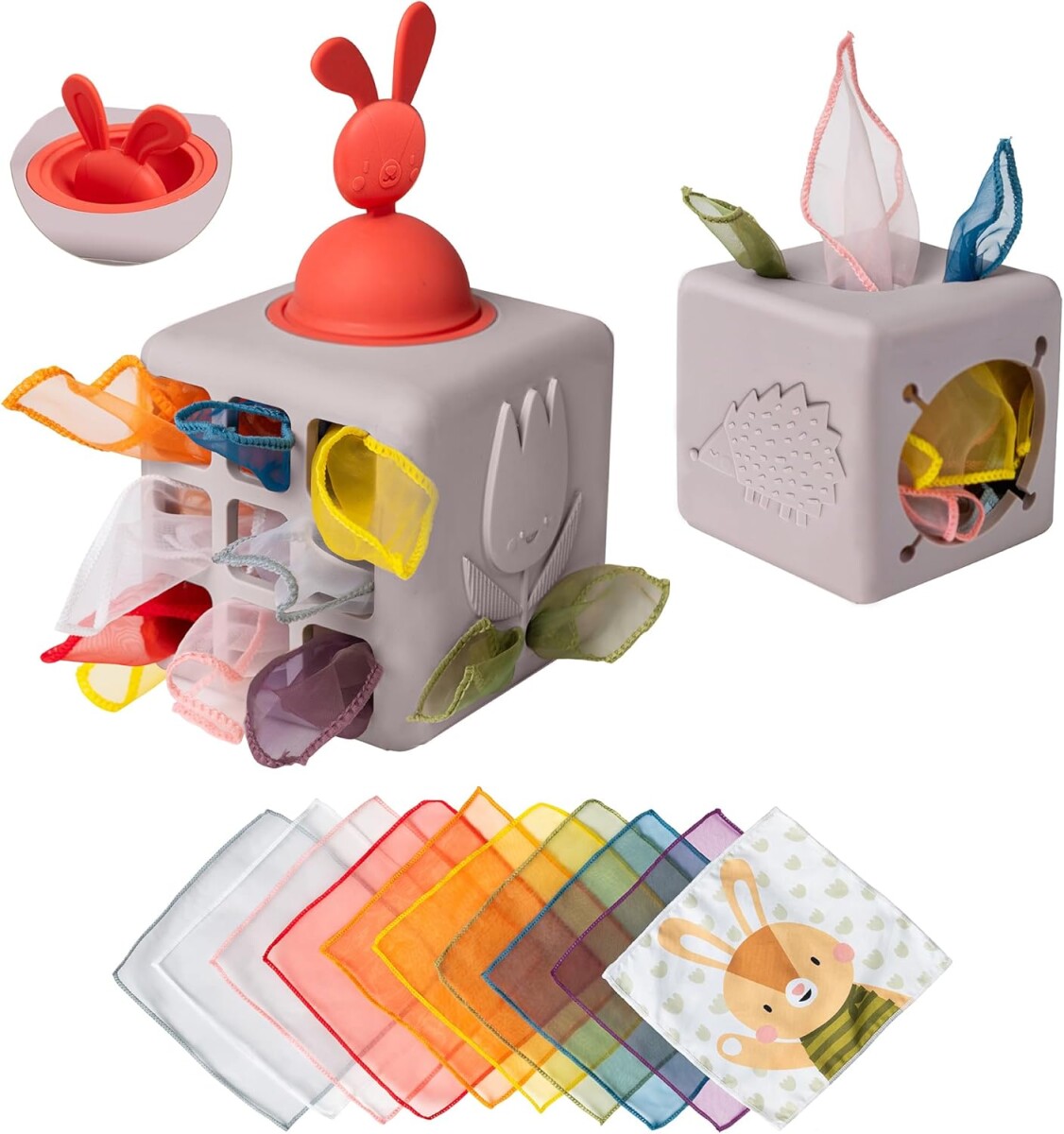 Caja de trapitos silicona Pop-up taf toys 