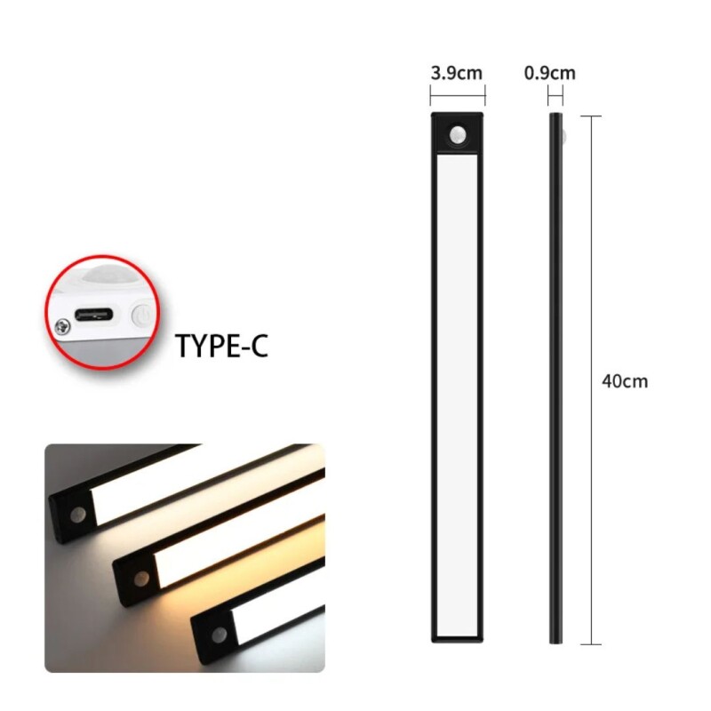Barra Lampara Luz Led Recargable Sensor De Movimiento 40cm Negro Barra Lampara Luz Led Recargable Sensor De Movimiento 40cm Negro