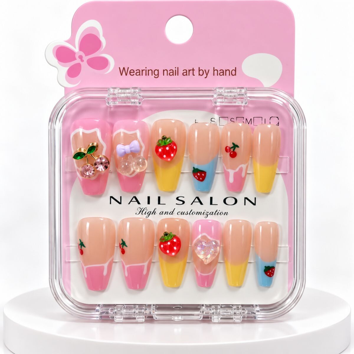 Uñas Postisas Infantiles 3D - Cerezas Rosa 