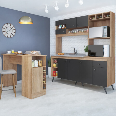 Kit de cocina compacta 7 puertas 1 cajón S/Pileta 182x29x52x197cm Carvale / Grafito