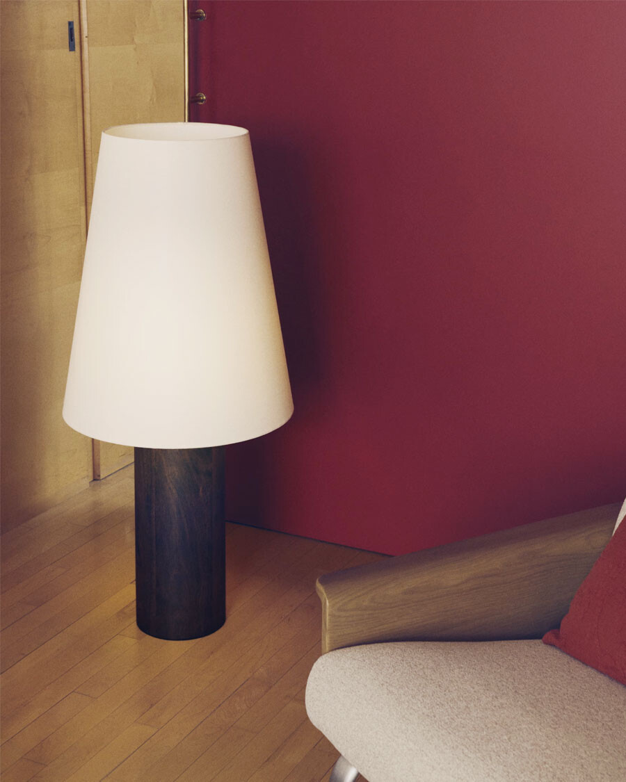 Lámpara de pie Marga de madera maciza con acabado natural con acabado oscuro