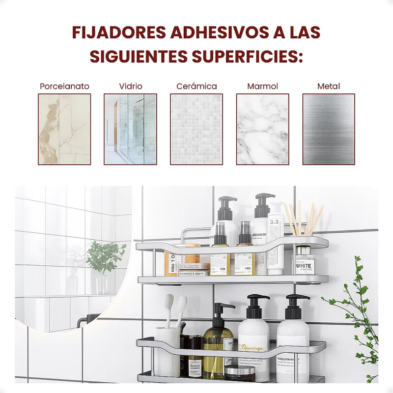 Estante organizador baño ducha set x2 adhesivo con ganchos Plateado