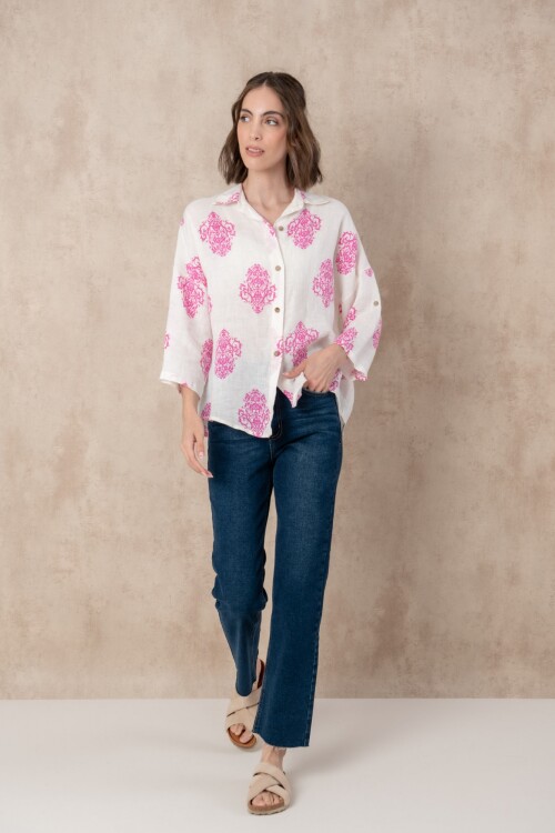 Camisa lino dama estampada Rosa