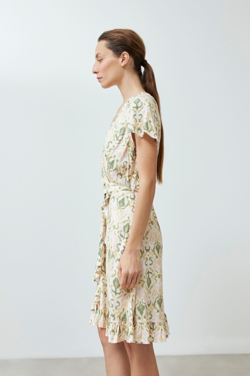 Vestido estampado cruzado con volados verde oliva