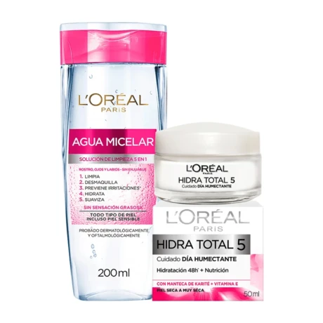 Pack L'Oréal Paris Crema Facial Día Hidra Total 50ml + Agua Micelar Clásica 5 en 1 200ml Pack L'Oréal Paris Crema Facial Día Hidra Total 50ml + Agua Micelar Clásica 5 en 1 200ml