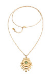 COLLAR LARGO DE ALEACION DE METALES BAÑADO EN ORO DE 18K CON DETALLE DE OJO Y CRISTAL FACETADO VERDE Colgante