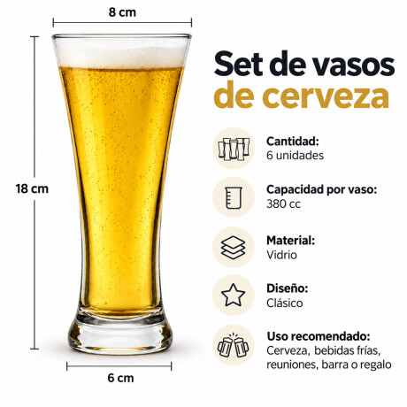 Set X6 Vasos Cerveza 380cc Clásicos Resistentes Transparente