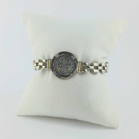 Pulsera religiosa san benito de plata 900 y double en oro 18k., 19cm Pulsera religiosa san benito de plata 900 y double en oro 18k., 19cm