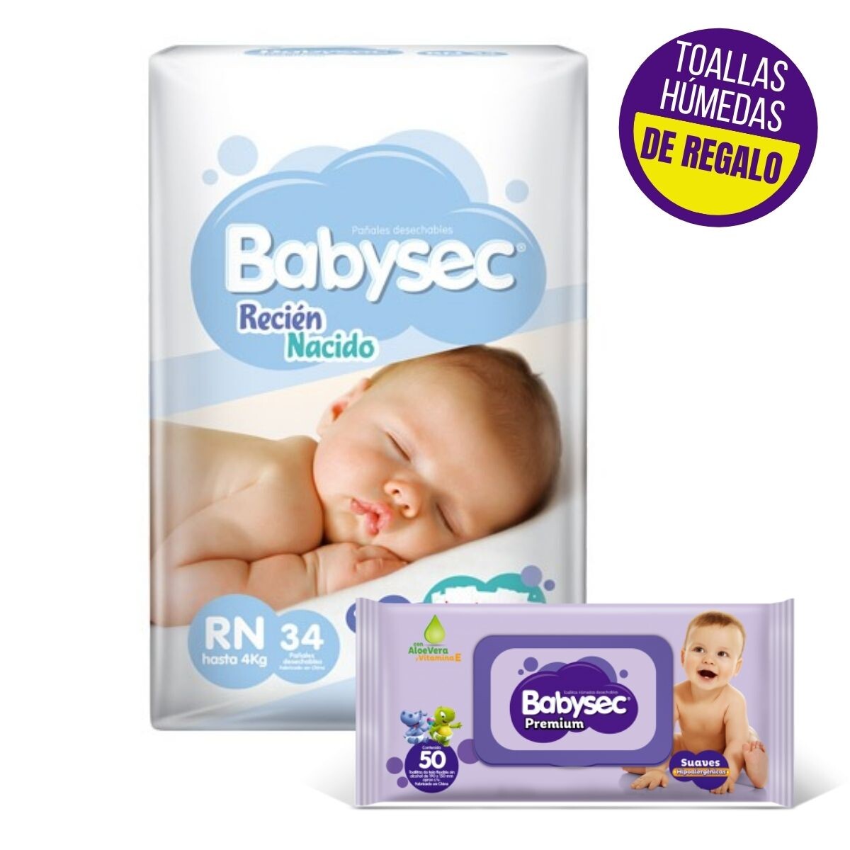 Pañales Babysec Recién Nacido + Toallita Húmeda de Regalo Premium X50 