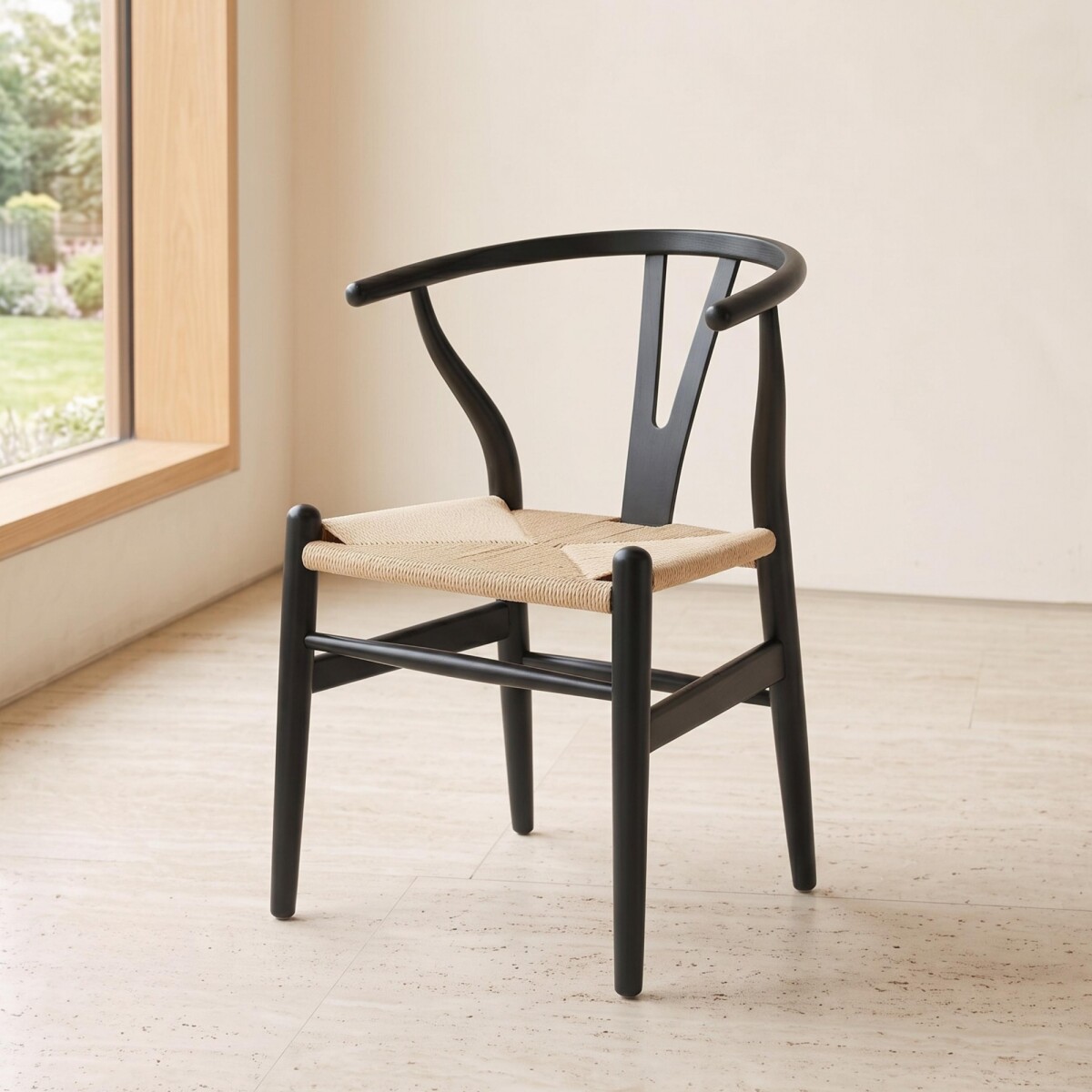 Silla Wishbone - Madera de Haya y Rattan natural - Negro 