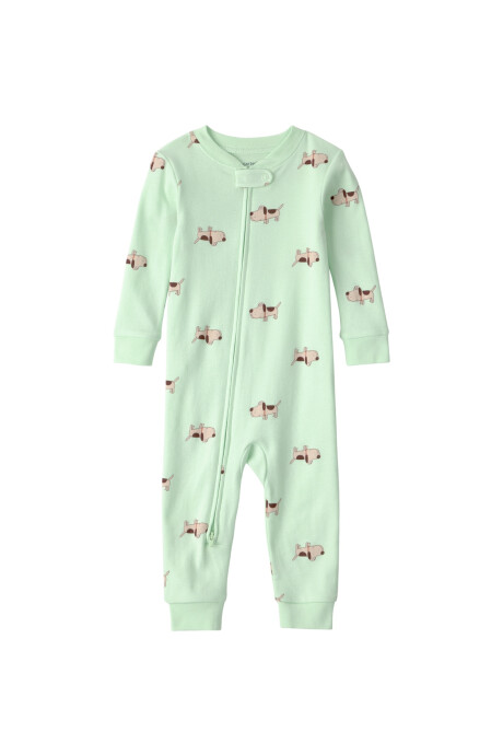 Pijama enterito de algodón, verde, diseño perros. Talles 12-24M Sin color