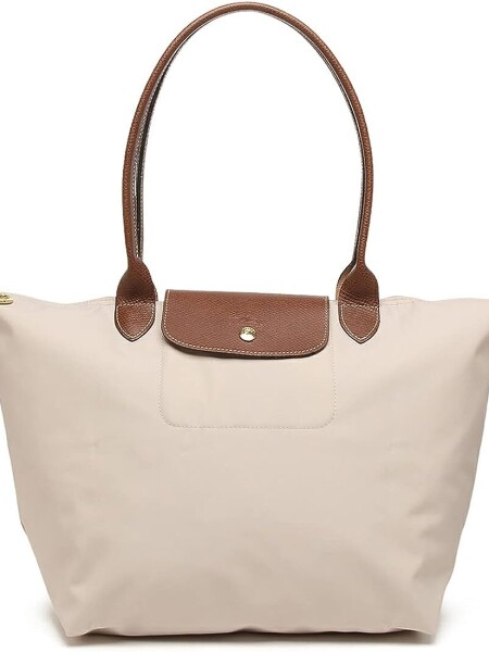 Longchamp -Cartera Longchamp plegable de nylon con cierre y asa larga, Le pliage L Marfil