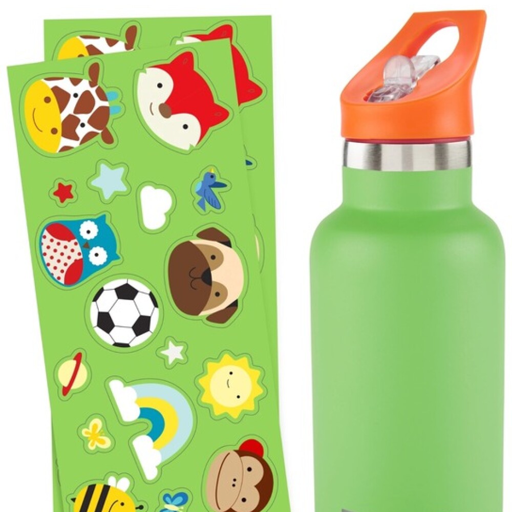 Botella acero inoxidable con sorbito y stickers skip hop verde