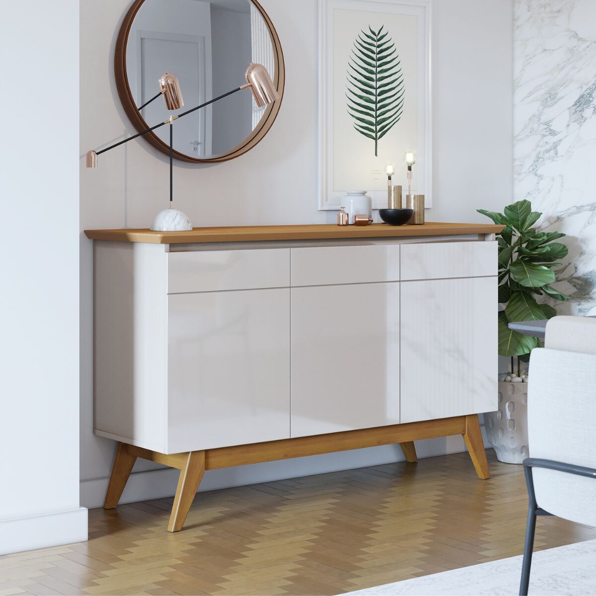 Aparador Classic - 3 Puertas - Off White y Natural 