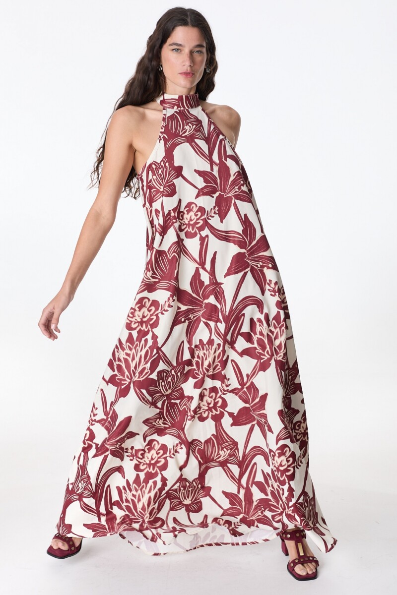 Vestido Largo Mixture Flores Bordeaux