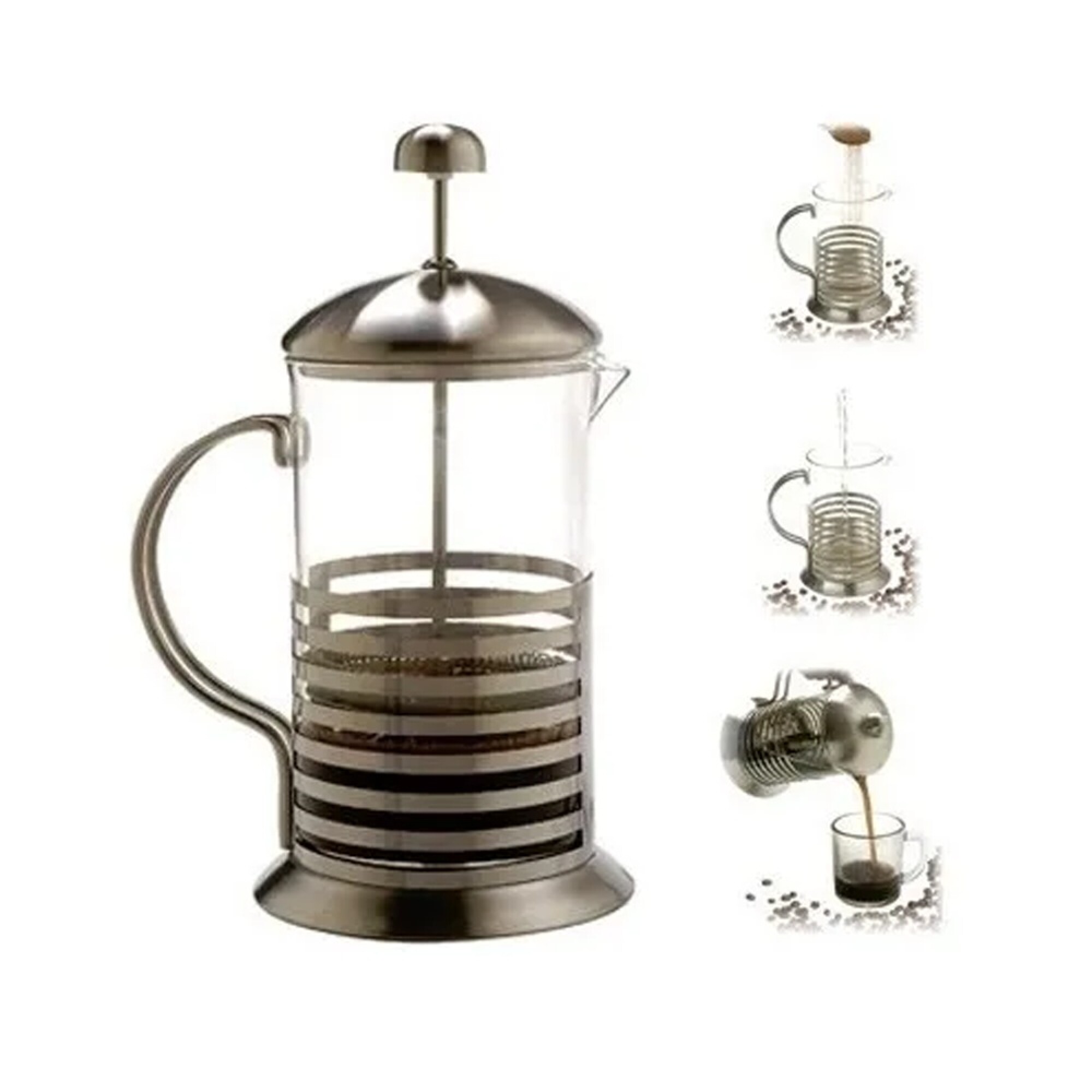 Cafetera Manual Embolo Vidrio Y Acero 1000 Ml Calidad Hts - Plateado — HTS