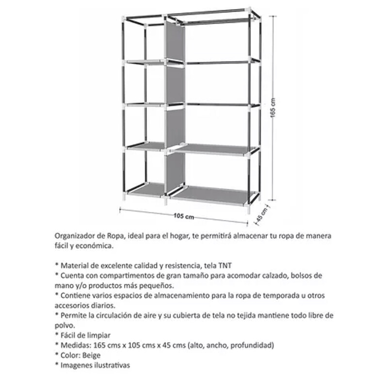 Ropero desmontable de tela 105 x 45 x 165 cm GRIS