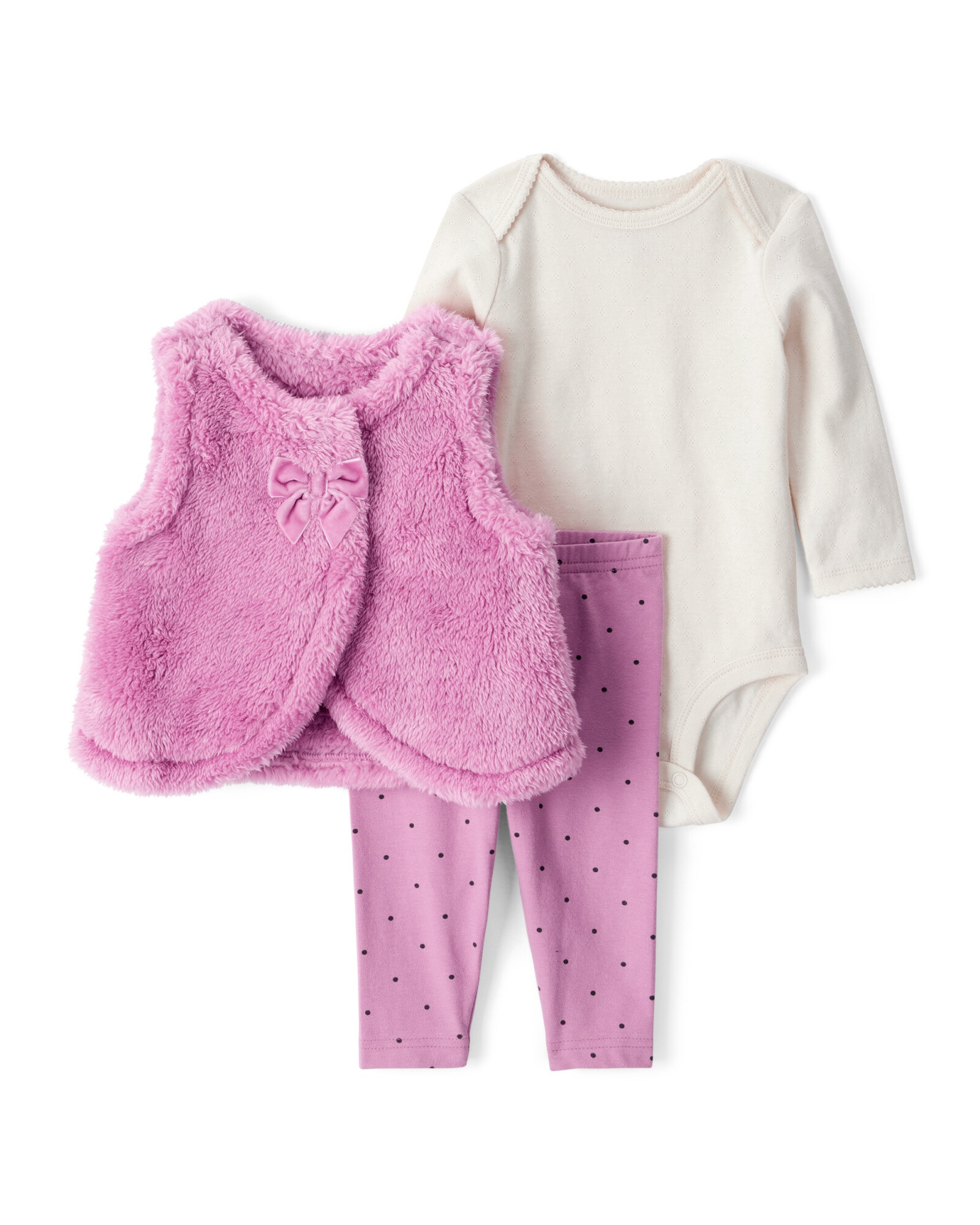 Set tres piezas, chaleco de sherpa, pantalón y body de algodón Set tres piezas, chaleco de sherpa, pantalón y body de algodón