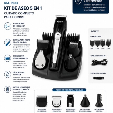 Corta Pelo Barba Afeitadora Recargable 5 en 1 KEMEI KM-7933 Negro