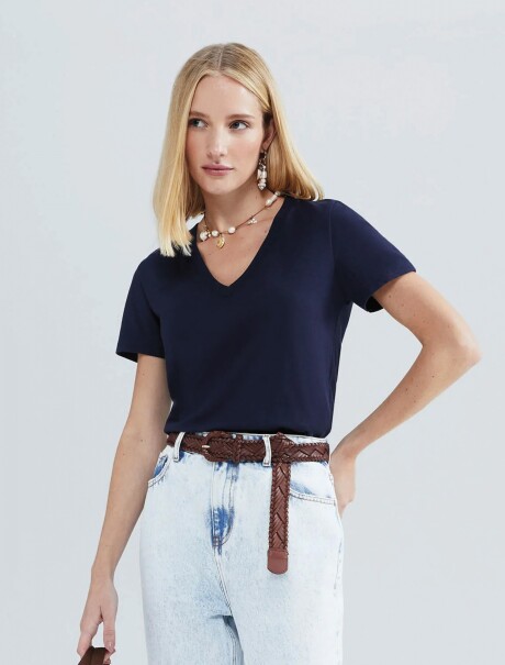 CAMISETA BÁSICA MANGA CORTA CUELLO EN V AZUL