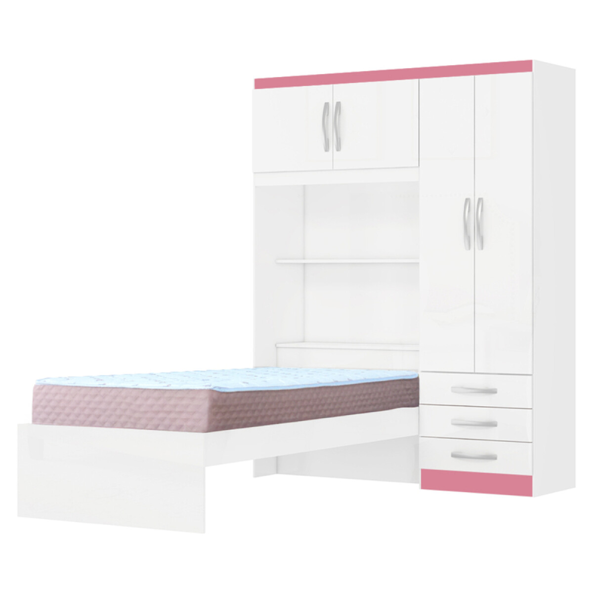 Juego de Dormitorio Ropero Lisboa 4 Puertas 3 Cajones Estantes Baúl con Cama Blanco Rosa y Colchón Roma Espuma 88 cm 