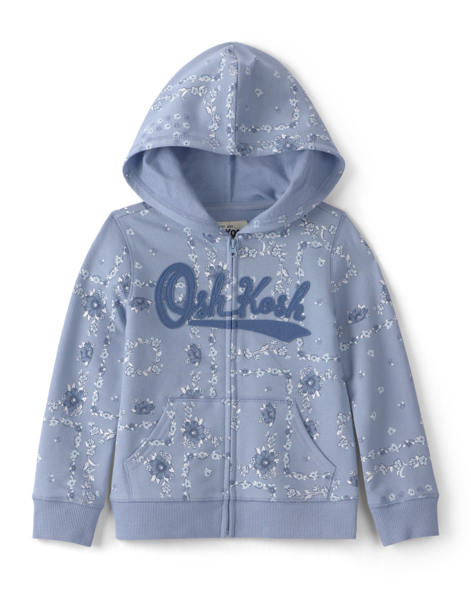 Campera de algodón, azul, con capucha y logo, diseño floral Sin color