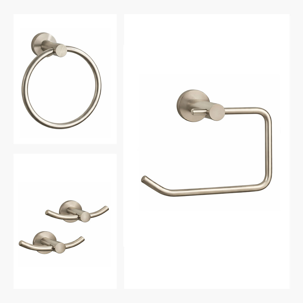 Set De Accesorios Incluye 2 Perchas Dobles,porta Rollo Y Toallero Aro, Linea Roma Brush Nickel 