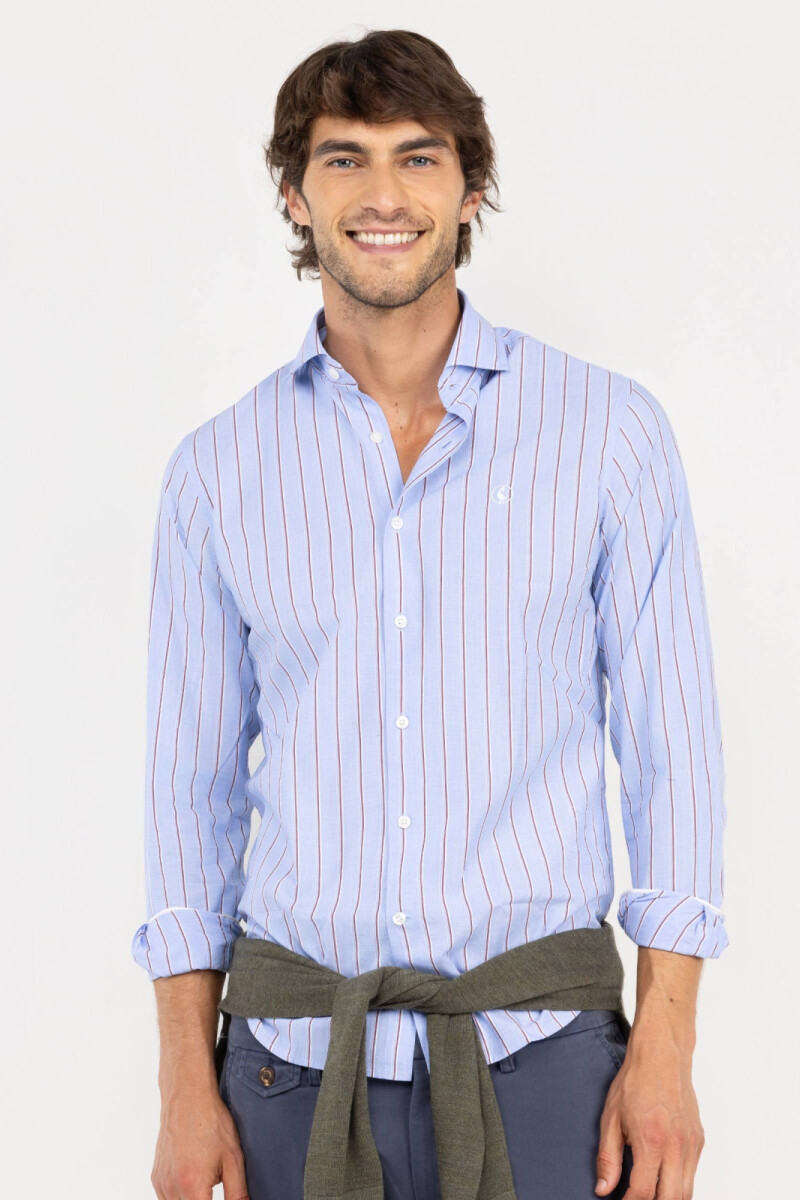 Camisa Popelín El Ganso Celeste Rayas Granate