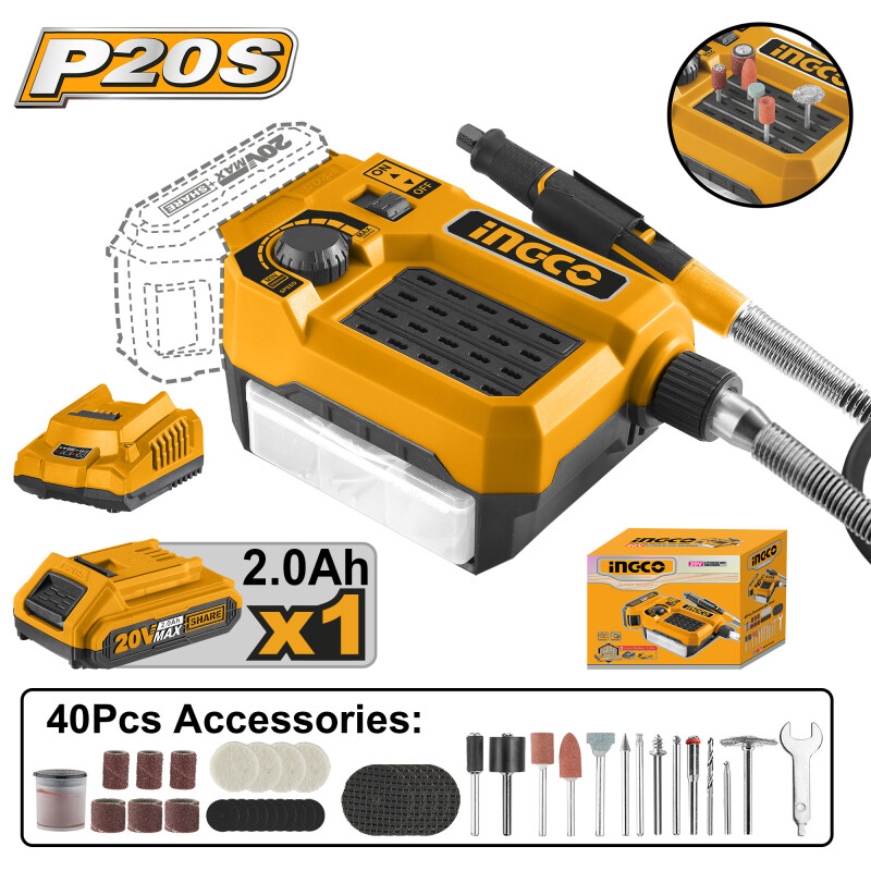 MINITORNO A BATERIA 20V P20S C/EJE FLEXIBLE EN CAJA C/1 BAT + 40 ACCESORIOS - CM MINITORNO A BATERIA 20V P20S C/EJE FLEXIBLE EN CAJA C/1 BAT + 40 ACCESORIOS - CM