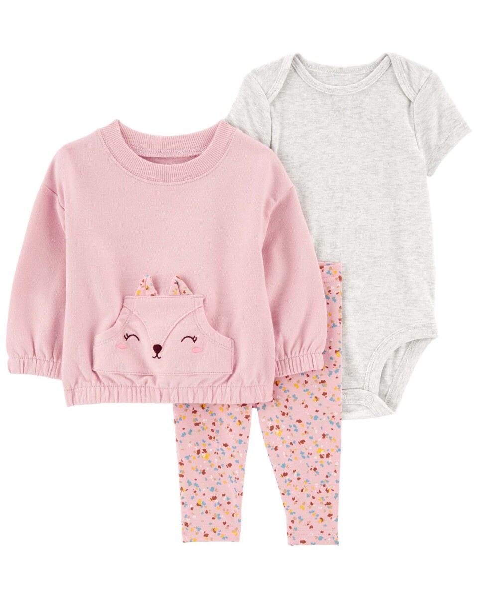 Set tres piezas de algodón, calza, buzo y body, diseño gatita 