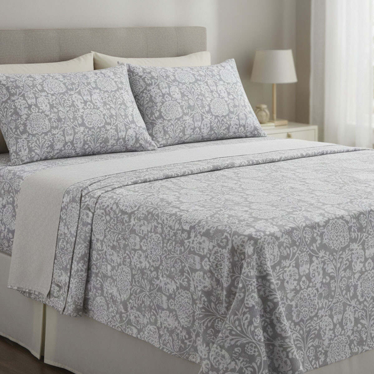 Juego Sábanas Queen Size Home Class Estampado 180 Hilos 100% Algodón - ARABESCO GRIS 