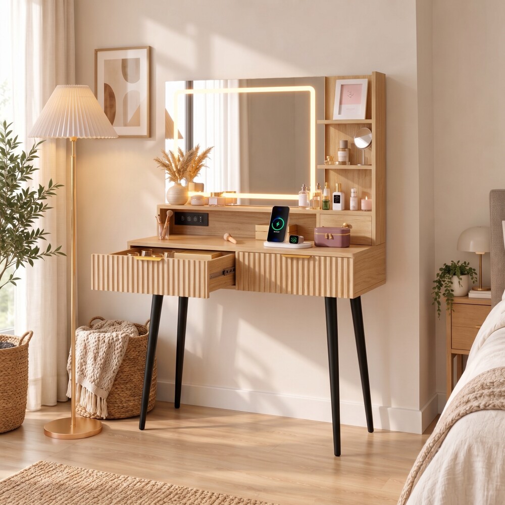 TOCADOR MAQUILLAJE MODERNO ESPEJO LUZ LED + ENCHUFE 3 CAJONES REPISAS ORGANIZADORAS PATAS METÁLICAS RÚSTICO