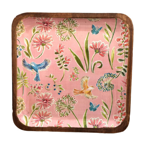 Plato de Madera de 16,5 x 16,5 cm Pajaros Rosa