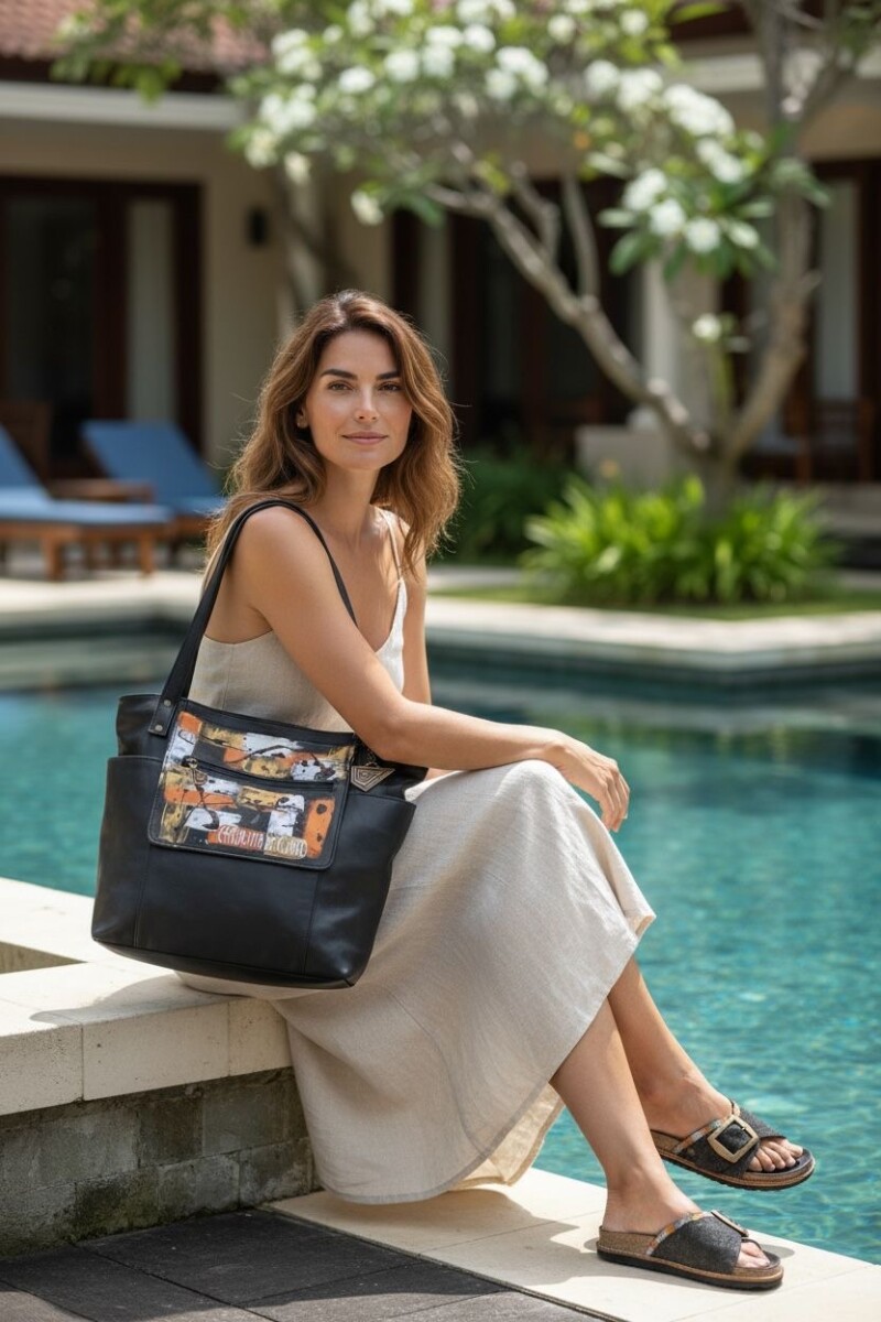 Cartera NIKKI Negra Con Arte Pintado A Mano 