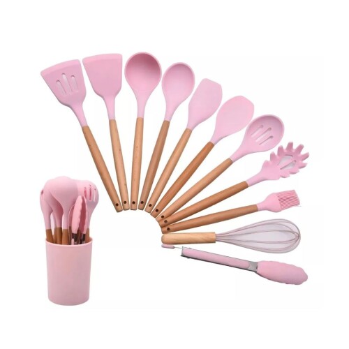 JUEGO 11 PIEZAS MENAGE SILICONA MANGO MADERA ROSA