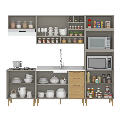 Kit de Cocina 5 Muebles, Alacena Multiusos, Bajo Mesada Aéreo con vinera, Mesada Alacena y Aéreo Melilla - MDP - MADERA - Cinza Kit de Cocina 5 Muebles, Alacena Multiusos, Bajo Mesada Aéreo con vinera, Mesada Alacena y Aéreo Melilla - MDP - MADERA - Cinza