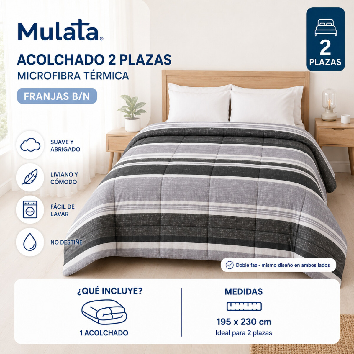 Acolchado 2 Plazas Doble Faz Microfibra Térmico 195 x 230cm - Franjas Blanco y Negro 